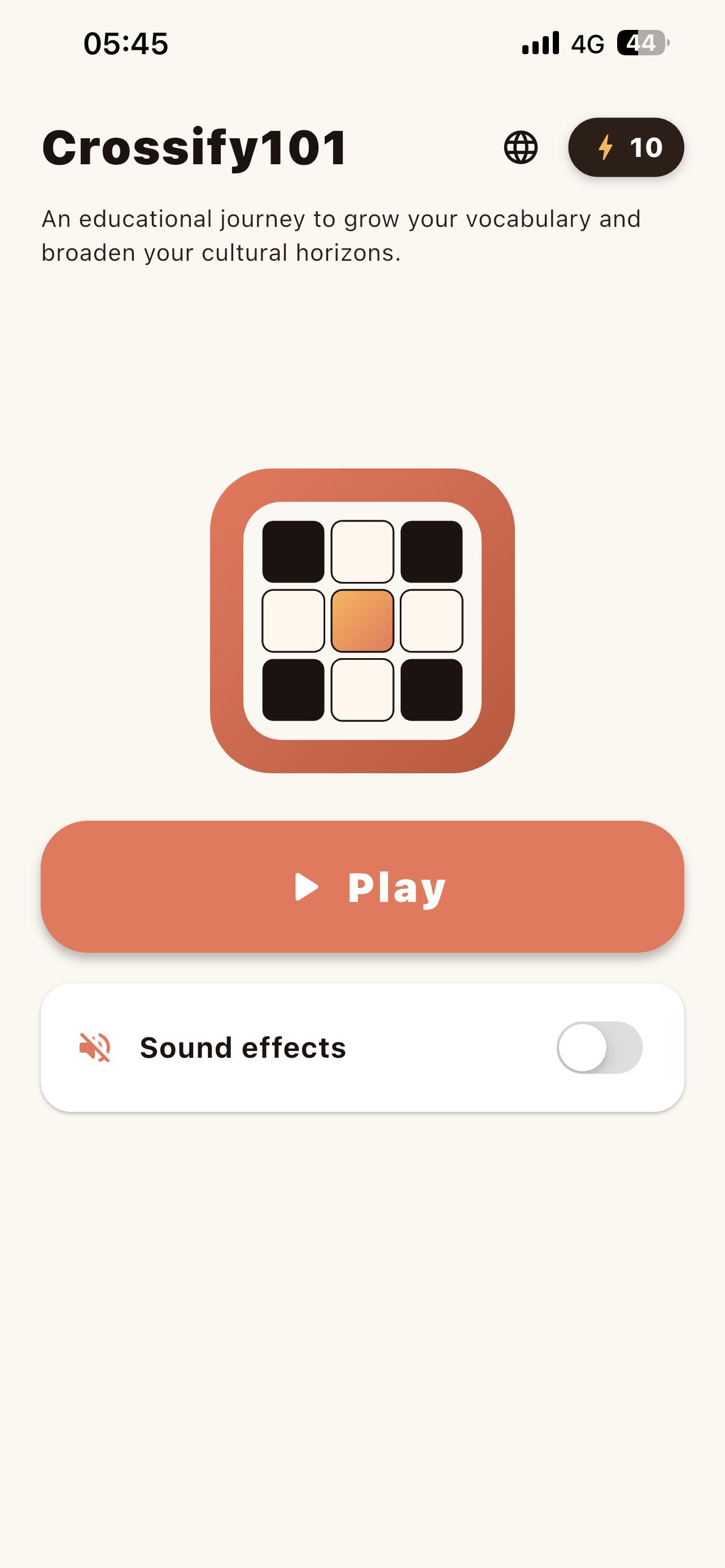 Crossify101 home screen with the Play button