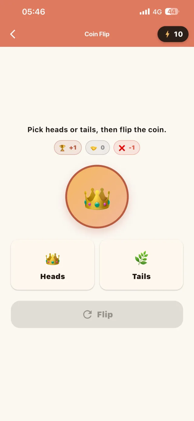 Coin flip mini-game with heads and tails buttons