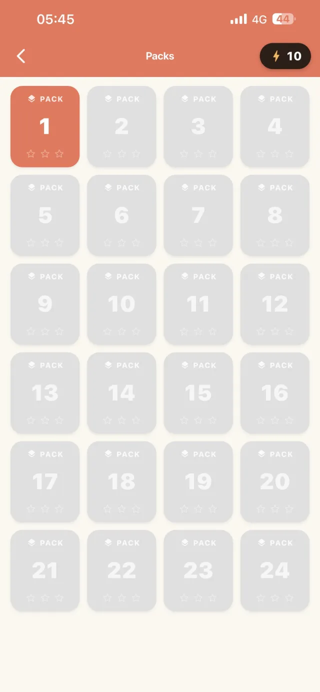 Grid of 24 numbered crossword packs with pack 1 unlocked
