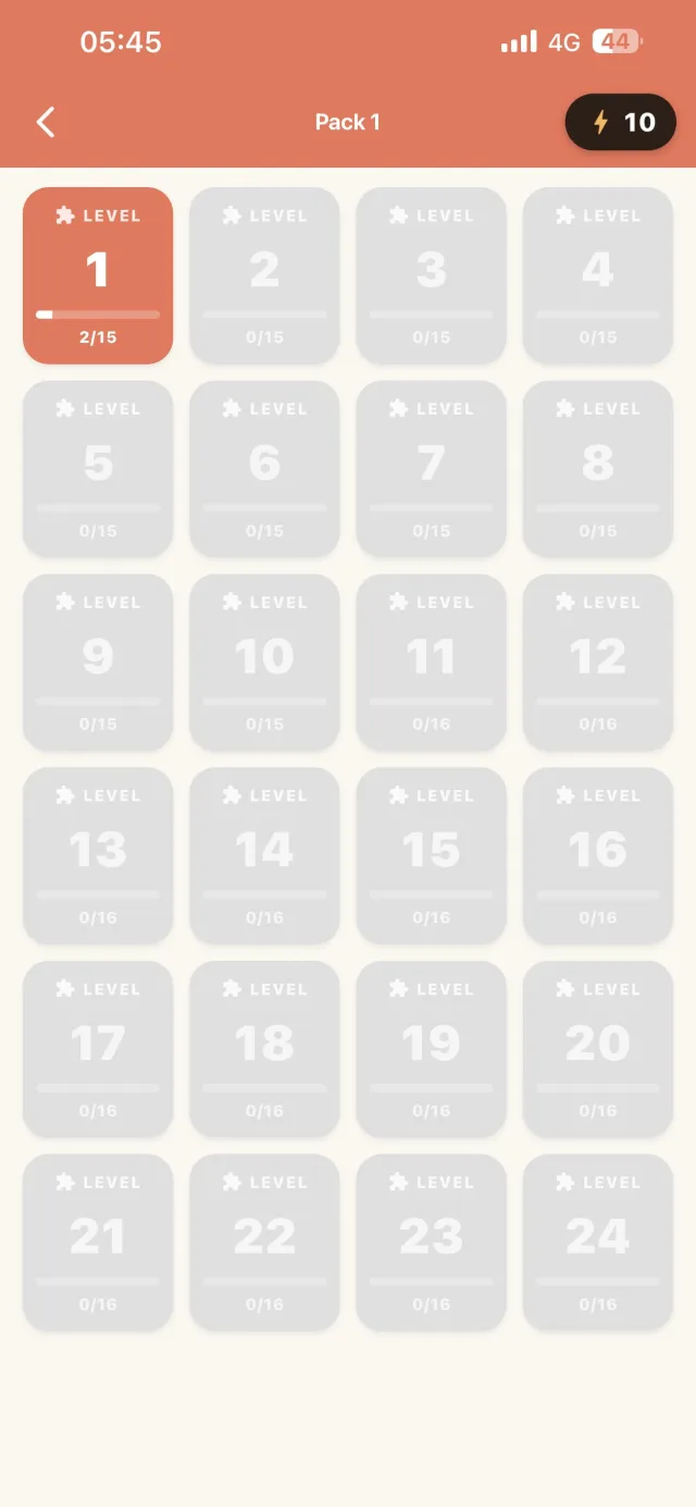 Level list inside pack 1, with progress shown on level 1