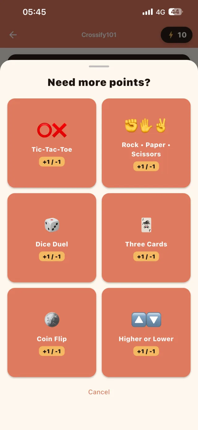 “Need more points?” menu with six mini-games: tic-tac-toe, rock-paper-scissors, dice duel, three cards, coin flip and higher or lower